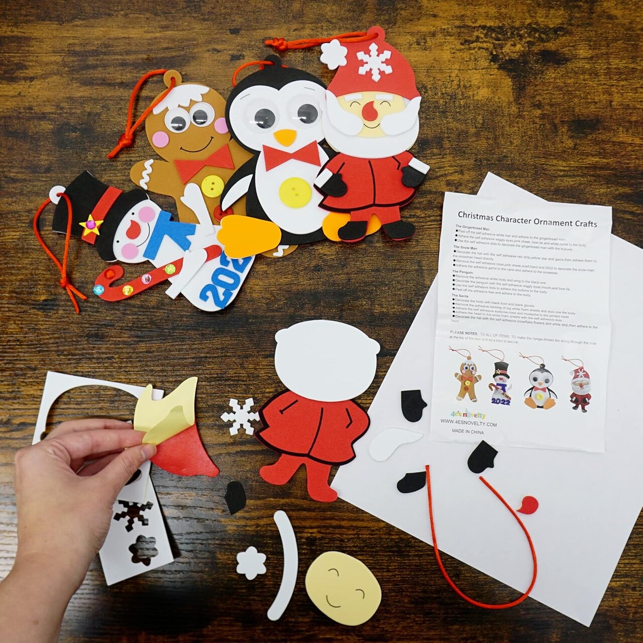 4E's Novelty Foam Christmas Character Ornament Crafts for Kids, 12 Pack DIY Holiday Santa, Snowman, Gingerbread Man & Penguin Ornaments, Self-Adhesive Foam Craft Kit for Toddlers and Children